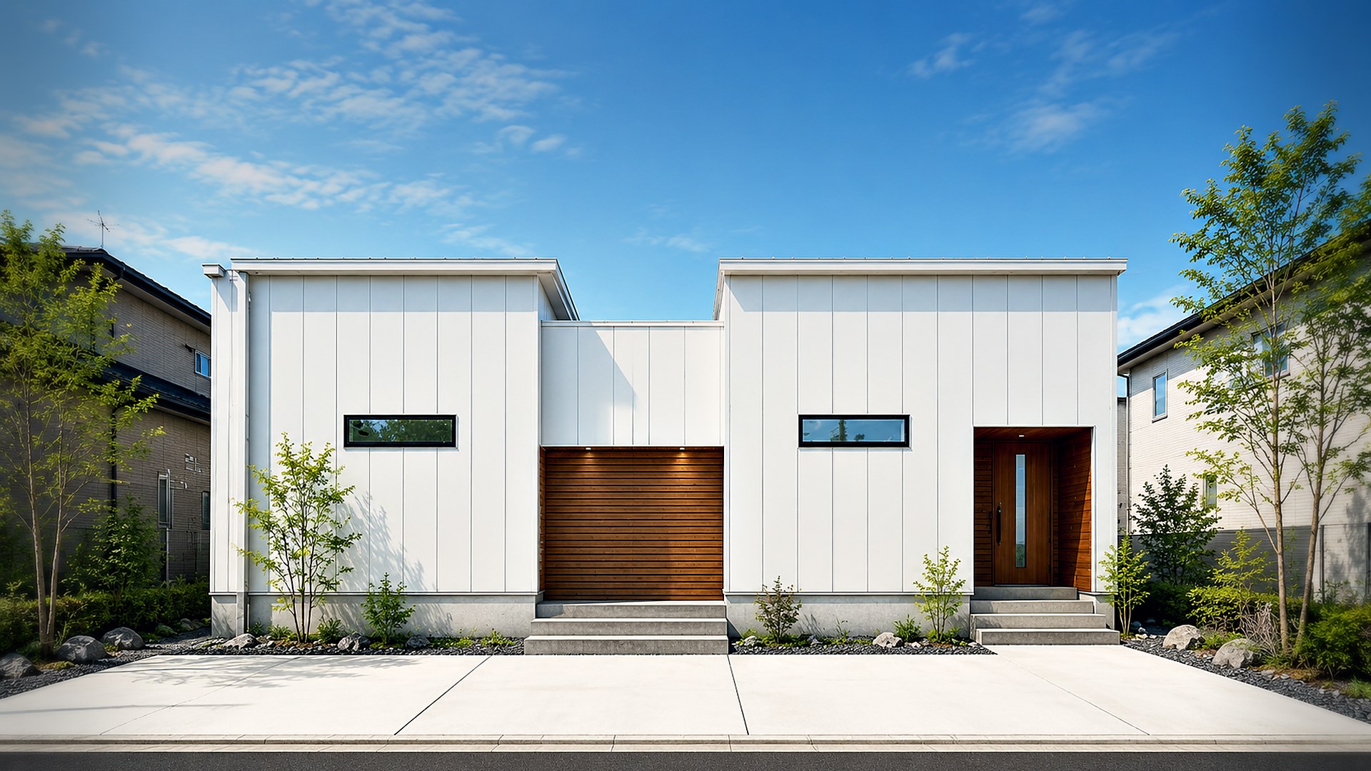 GARDEN 外観・朝 ── 庭までリビングになる平屋の外観(白い外壁・木目スリット・朝の光)|秀光ビルド徳島店